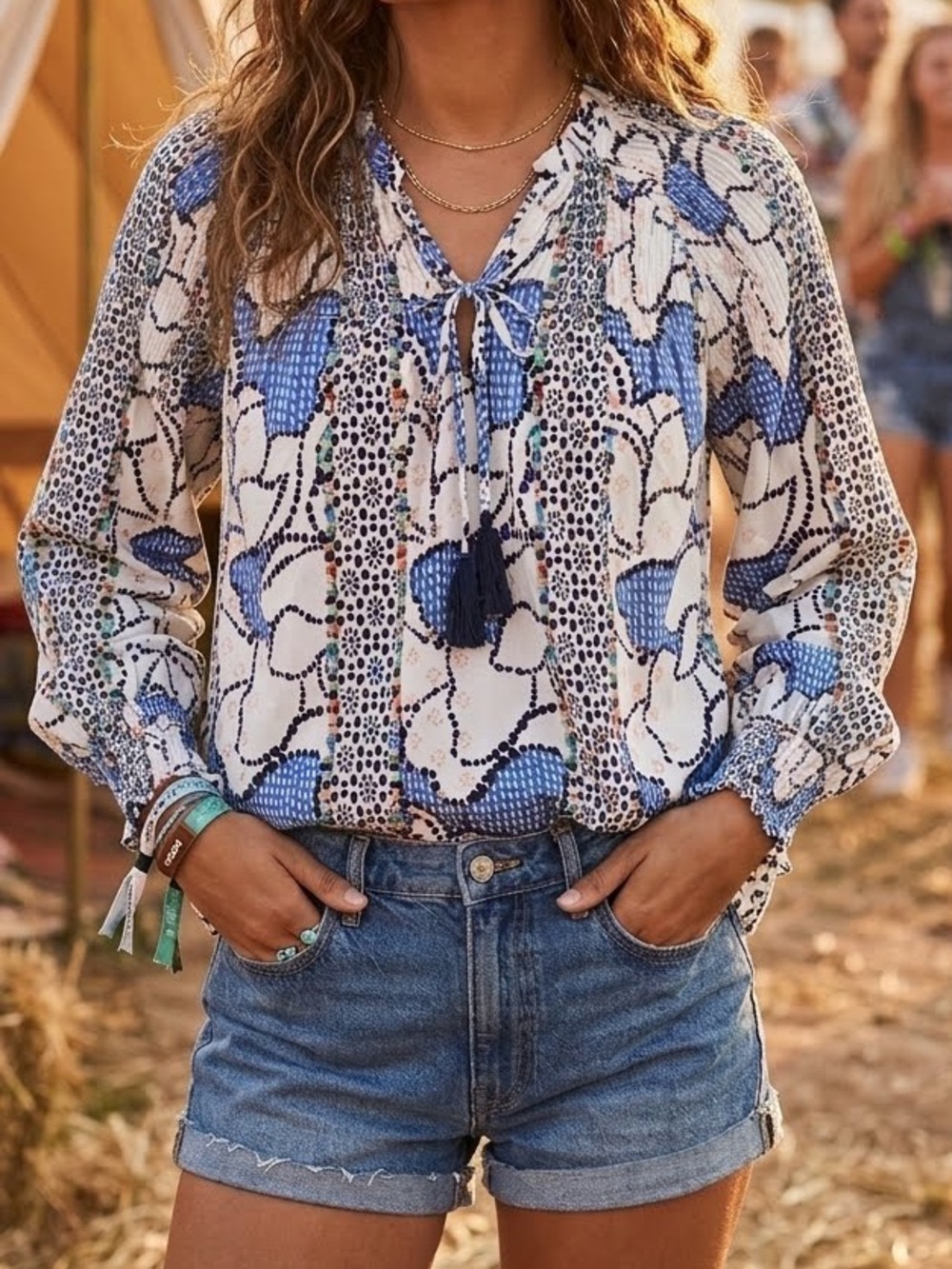 Red Camel Blue White Floral Dotted Boho Peasant Blouse Tie Neck Small Whimsigoth
